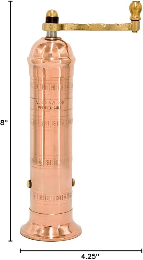 Alexander Home Original Greek Pepper Mill, 8-Inch Copper – European Manual Pepper Grinder, Refillable, with Polishing Cloth