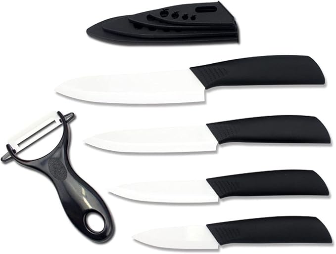 Ceramic Knife Set of 5,Sharp Ceramic Knife with Sheath,Steak Knife,Black Kitchen Knives With Anti-Slip handle,Includes 6"Chef Knife,5"Utility Knife,4"Vegetable Knife,3"Paring Knife,1''Fruit Peeler