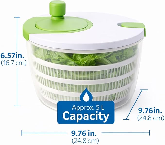 SKYREN 4 Qt Salad Spinner, Vegetable Washer & Dryer with Easy Spin Handle, Non-Slip Base, Large Capacity Kitchen Prep Tool, Green Glaze, 6.54 Inch Height