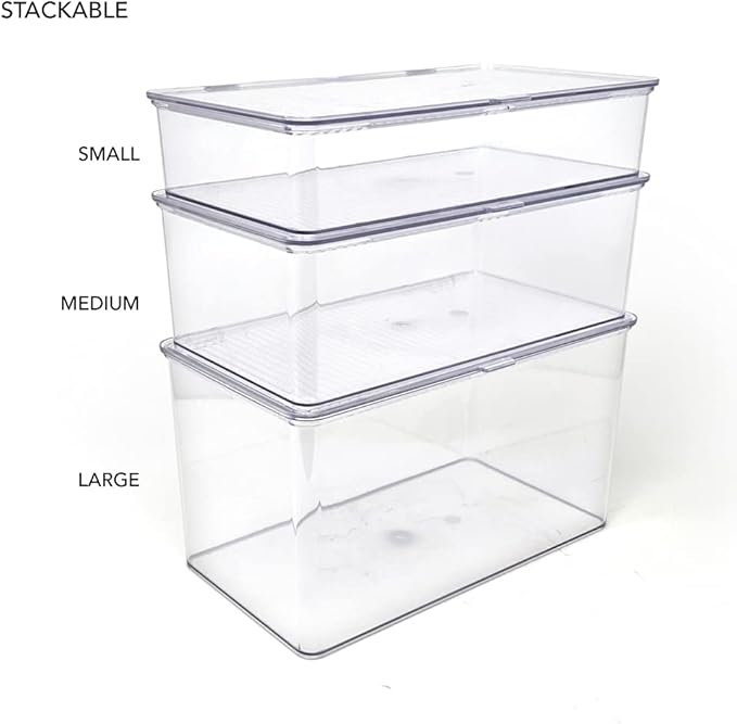 Isaac Jacobs Medium Stackable Organizer Bin (10.75”x6.5”x3.7”) w/ Hinged Lid, Clear Storage Box, Home, Office, School, Fridge, Bathroom, Kitchen, Pantry Container, BPA-Free, Food Safe (Medium, Clear)