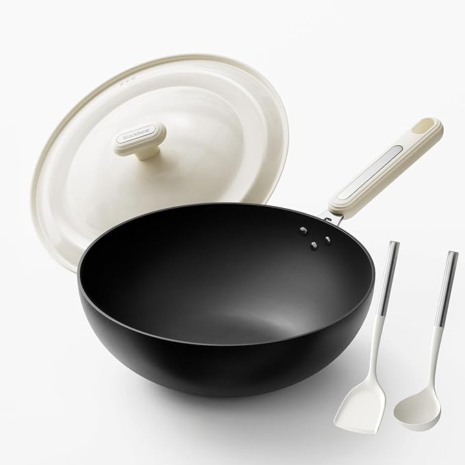 Carbon Steel Wok Pan - 11.8 Inch Pre-Seasoned Flat Bottom Chinese Woks & Stir Fry Pans with Lid, Lightweight Kitchen Cookware for All Stovetops, Gas, Electric, Gift for Women/Mom with Spatula Spoon