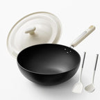 Carbon Steel Wok Pan - 11.8 Inch Pre-Seasoned Flat Bottom Chinese Woks & Stir Fry Pans with Lid, Lightweight Kitchen Cookware for All Stovetops, Gas, Electric, Gift for Women/Mom with Spatula Spoon