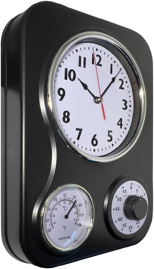 Lily's Home - 9.5 Inch x 12.5 Inch - Retro Kitchen Wall Clock, Vintage Wall Clock with a Thermometer and 60-Minute Timer, Ideal for Any Kitchen, Office, or Diner (Black)