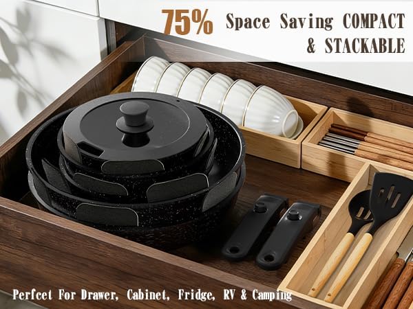 Umite Chef 21Pcs Pots and Pans Set Non Stick, Nonstick Cookware Sets Detachable Handle, Non Toxic Induction RV Kitchen Cooking Set, Dishwasher/Oven Safe, Fridge Safe, Space Saving(Black)