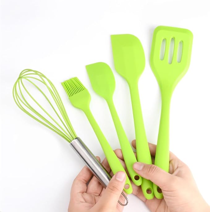 MAGICLULU 5pcs Silicone Baking Kitchen Utensil Set with Egg Whisk, Scraper, Brush, and Shovel, Green, Heat Resistant Cooking Tools for Home Baking and Food Preparation