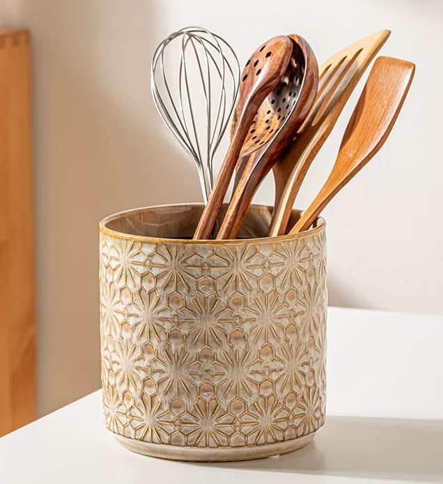 Kitchen Utensil Crock, 5.2" Ceramic Holder for Countertop, Handceafted Farmhouse Utensil Vase For Kitchen Decor Accessories, Housewarming