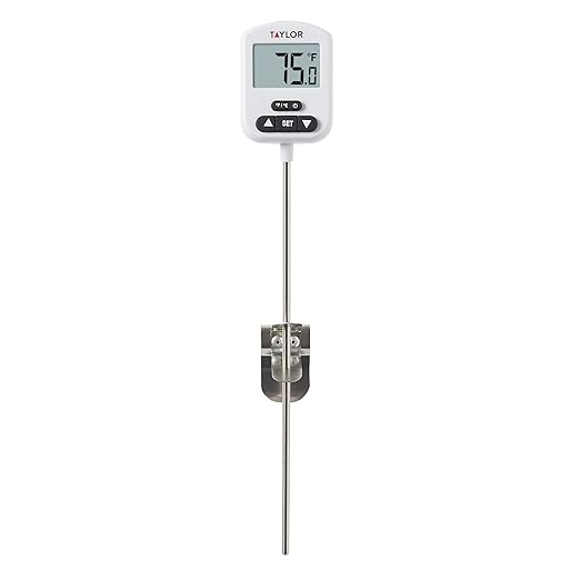 Taylor Programmable Digital Candy and Deep Fry Thermometer with Green Light Alert Display, Long Stem, and Adjustable Pan Clip, White