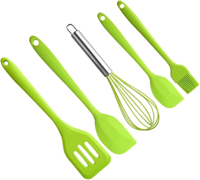 VANZACK 5pcs Silicone Kitchen Utensil Set with Egg Whisk, Brush, and Scrapers, Heat-resistant Cooking Tools for Baking and Food Preparation, Green