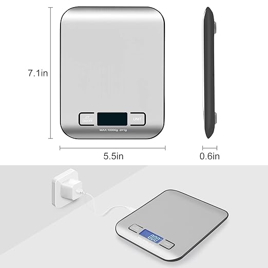 Digital Shipping Scale,Stainless Steel Panel, Accurate Portable Postal Scale for Packages, Small Business,Kitchen, Food, Handmade, Liquids, and Boutique (Silver Black Rechargeable(10kg/1g))