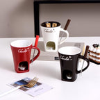 Fondue Mugs,Fondue Cup,Heat Resistant Ceramic Mini Fondue Set with Forks - Reusable Chocolate Melting Cup for Desserts, Date Nights & Parties (BLACK)