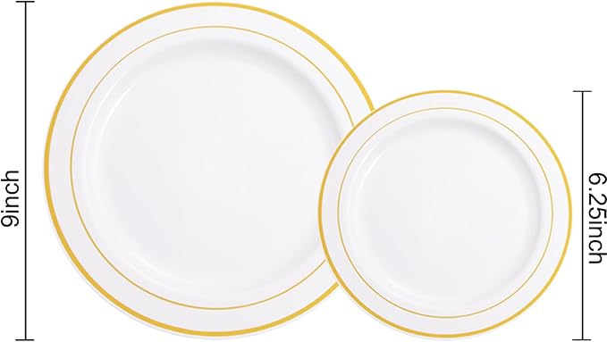 NOCCUR 200PCS Gold Plastic Plates - 100 Dinner / 100 Dessert Disposable Plates Heavy Duty - Ideal for Wedding/Party/Christmas