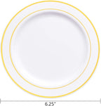bUCLA 100Pieces Gold Plastic Plates - 6.25inch White with Gold Rim Disposable Salad/Dessert/Appetizer/Small Cake Plates Premium Hard - Ideal for Wedding, Party & Thanksgiving