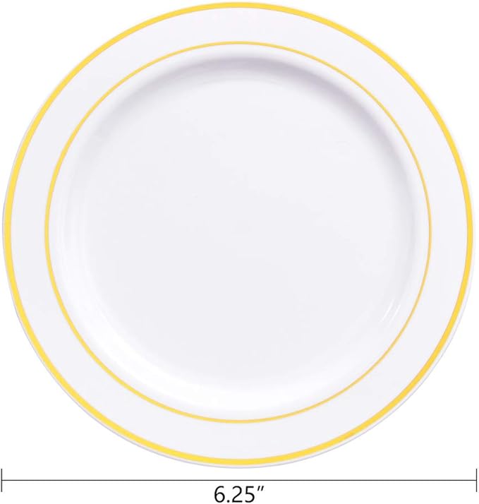 bUCLA 100Pieces Gold Plastic Plates - 6.25inch White with Gold Rim Disposable Salad/Dessert/Appetizer/Small Cake Plates Premium Hard - Ideal for Wedding, Party & Thanksgiving