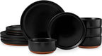E-far 12-Piece Stoneware Plates and Bowls Sets, Dinnerware Sets for 4, Ceramic Dishware Dishes Set with Terracotta Base, Chip & Scratch Resistant, Microwave & Dishwasher Safe, Matte Black