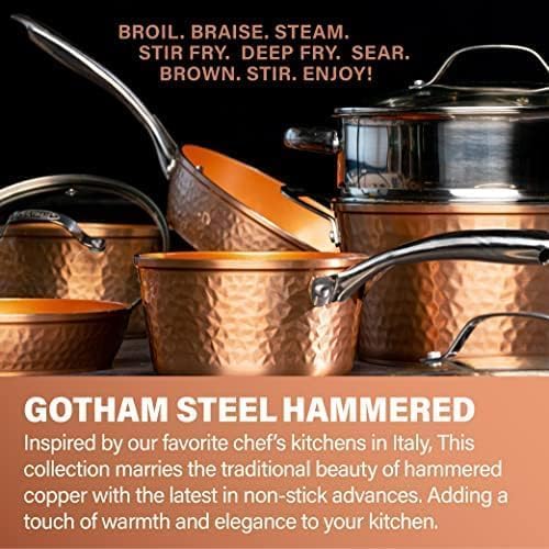 Gotham Steel Hammered 15 Pc Ceramic Cookware Set Nonstick, Induction Pots and Pans Set Non Stick with Bakeware Set & Steamer for Cooking, Non Toxic PFOA PFOS Free, Oven & Dishwasher Safe - Copper