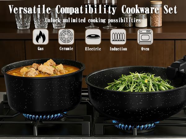Umite Chef 21Pcs Pots and Pans Set Non Stick, Nonstick Cookware Sets Detachable Handle, Non Toxic Induction RV Kitchen Cooking Set, Dishwasher/Oven Safe, Fridge Safe, Space Saving(Black)
