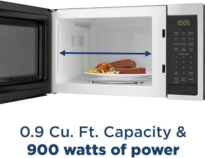 GE Countertop Microwave Oven, Compact 0.9 Cubic Ft., 900-watt Capacity, 7 Auto Cooking Settings, Child-Lock Technology, Kitchen Essentials for the Countertop, Dorm Room or Apartment, Stainless Steel