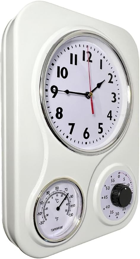 Lily's Home - 9.5 Inch x 12.5 Inch - Retro Kitchen Wall Clock, Vintage Wall Clock with a Thermometer and 60-Minute Timer, Ideal for Any Kitchen, Office, or Diner (White)