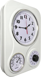 Lily's Home - 9.5 Inch x 12.5 Inch - Retro Kitchen Wall Clock, Vintage Wall Clock with a Thermometer and 60-Minute Timer, Ideal for Any Kitchen, Office, or Diner (White)