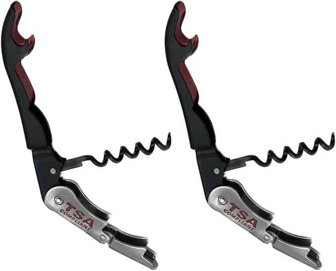 TSA Compliant Corkscrew Bottle Opener, Black Double Hinged, Stainless Steel Wine Key (2 Pack)