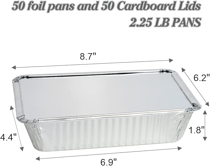MOACOCK 50 Pack Aluminum Pans with Lids(8.5"×6"), 2.25lb Foil Pans with Board Lids, Disposable Take Out Food Containers, Foil Pans for Meal Prep Freezer Cooking Baking