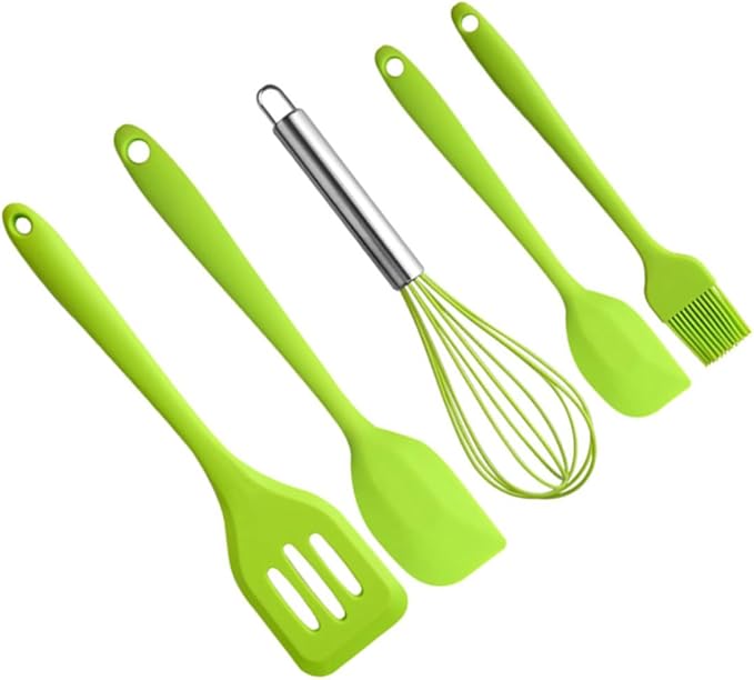 5pcs Silicone Utensil Kit Non-stick Cooking Gadgets Heat Resistant Egg Whisk and Baking Tools Set with Hanging for Kitchen Organization