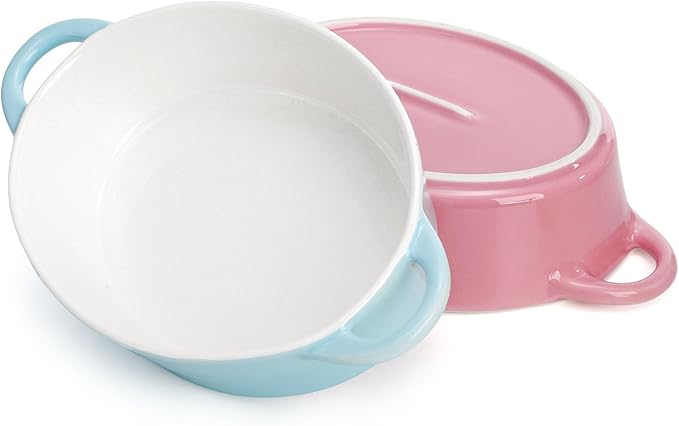 Foraineam 6 Pack Oval Au Gratin Baking Dishes with Handles, 20 oz Porcelain Casserole Dish Single Serving Ramekins for Oven & Microwave Cooking and Baking, 7.2" x 5.5", Oven Safe Roasting Lasagna Pan