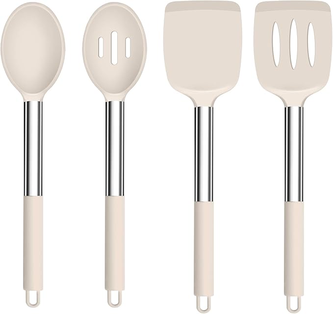 TeamFar Kitchen Utensils, 4 PCS Silicone Cooking Utensils Spatula Spoon Set with Stainless Steel Handle, for Frying Mixing Draining Turning, Healthy & Heat-proof, Non-stick & Dishwasher Safe - Khaki