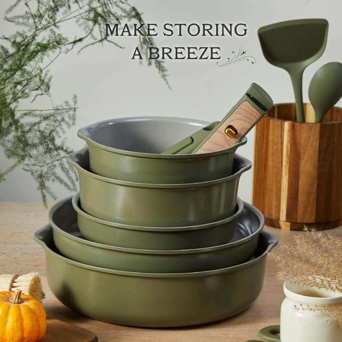 CAROTE 18 Pcs Ceramic Cookware Set Detachable Handle, Non Toxic Pots and Pans Set Non Stick, Induction Kitchen Cookware Removable Handles, Oven Safe, Stackable RV/Camping Cooking Set, Green