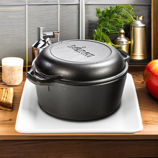 Lodge Cast Iron Double Dutch Oven - Pre-Seasoned 2-in-1 Cast Iron Cookware - Pot & Skillet Combo - Even Heat Retention - Oven-Safe, Versatile Pot - 5 Quart