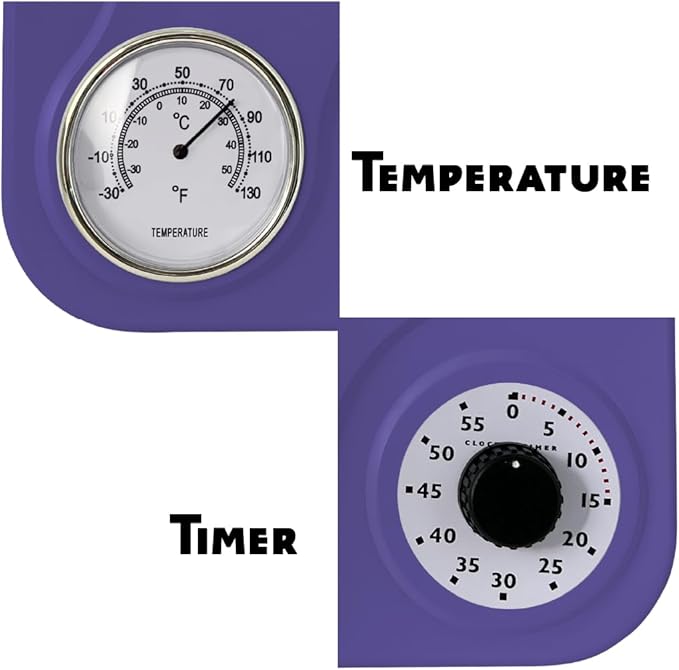 Lily's Home - 9.5 Inch x 12.5 Inch - Retro Kitchen Wall Clock, Vintage Wall Clock with a Thermometer and 60-Minute Timer, Ideal for Any Kitchen, Office, or Diner (Purple)