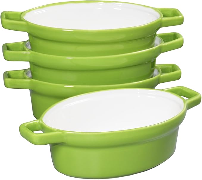 Oval Au Gratin Baking Dishes 6" x 5" for Oven Safe Cooking and Baking, Set of 4, 15 OZ Heat Resistant Ceramic Individual Gratin with Handles for Serving, Small Mini Casserole Dish, Green