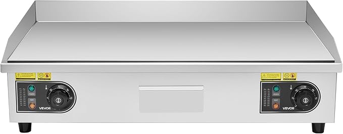VEVOR Commercial Electric Griddle, 28.54 x 15.75 inches, 4400W, 122-570°F Adjustable Temp Control, Stainless Steel Body, Half Grooved Half Flat, with 2 Spatulas, 2 Brushes, and 4 Foot Pads, for Steak