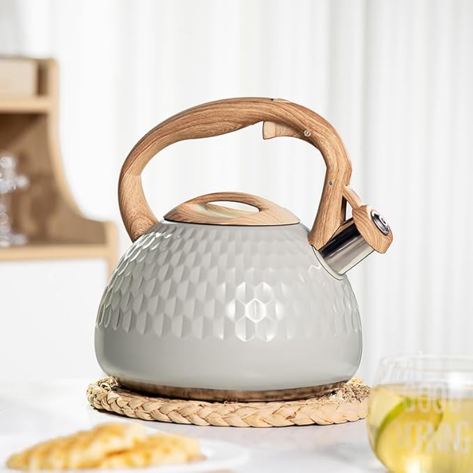 Tea Kettle, 2.7 Quart with Wood Pattern Handle Loud Whistle Food Grade Stainless Steel Teapot, Anti-Hot Handle and Anti-Rust, Suitable for All Heat Sources