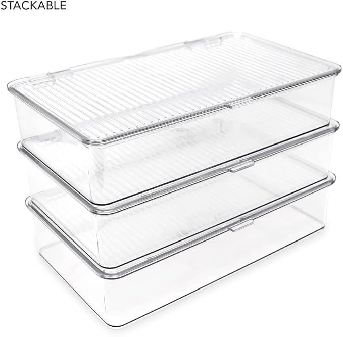 Isaac Jacobs Small Stackable Organizer Bin (10.75” x 6.5” x 2.4”) w Hinged Lid Clear Storage Box Home Office School Fridge Bathroom Kitchen Pantry Container BPAFree Food Safe (Small Clear)