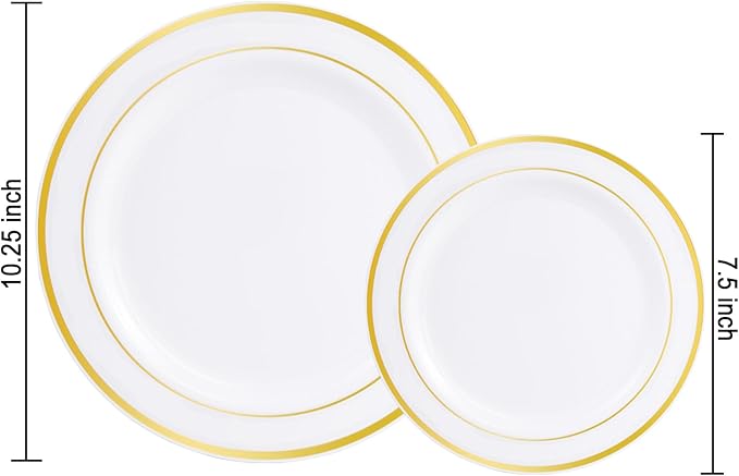 I00000 60 Pieces Gold Plastic Plates, Heavy Duty White and Gold Plastic Plates for 30 Guests Include: 30 Gold Rim Dinner Plates and 30 Gold Dessert Plates Perfect for Wedding, Party & Mother's Day