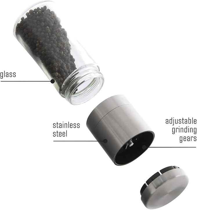 Original Stainless Steel Pepper Grinder or Salt Mill 1pk - Coarseness Adjustable Sea Salt Grinder or Pepper Mill Grinder - Small Manual Salt Pepper Shakers with Glass Container