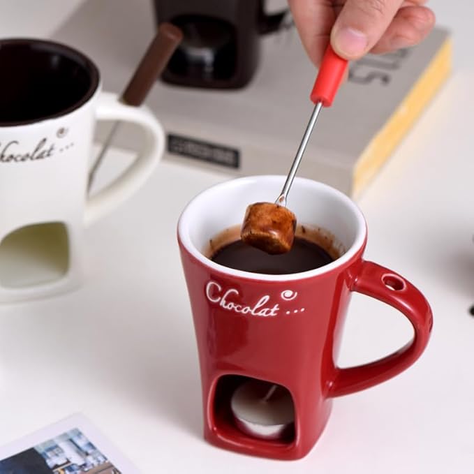 Chocolate Melting Mug With Candle, Ceramic Fondue Mug Meltie Cup, Melting Love Cup, Ideal Gifts For Christmas, Birthday, Wedding (White+Brown)