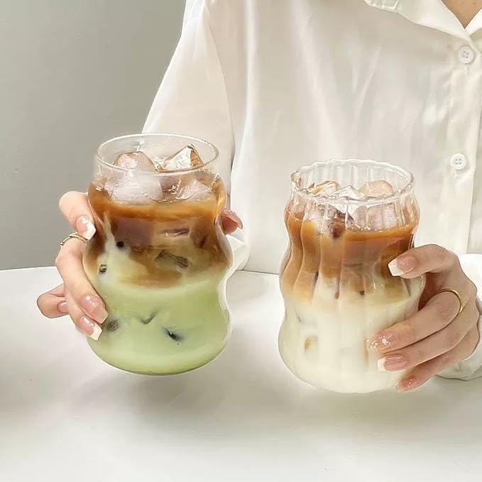 Mixed Drinkware Sets Glass Cups Set of 2 with Glass Straw, 18 Oz Drinking Glassware, Wave Shape Design, Bubble Cups for Iced Coffee, Juice, Beverage, Milk, Cocktails, Tea, Gift for Women Men
