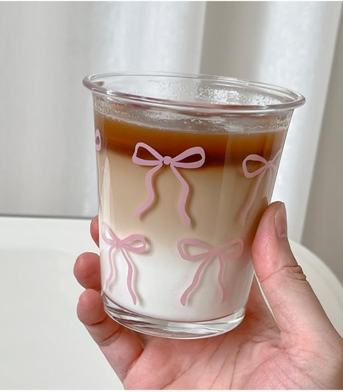 Set of 2 12 OZ French Drinking Glasses Bow Glass Coffee Cup Cute Glass Cups for Iced Coffee,Tea,Juice,Latte,Milk,Dessert,Stackable Glassware Drinkware Set (pink bow)