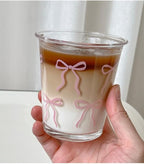 Set of 2 12 OZ French Drinking Glasses Bow Glass Coffee Cup Cute Glass Cups for Iced Coffee,Tea,Juice,Latte,Milk,Dessert,Stackable Glassware Drinkware Set (pink bow)