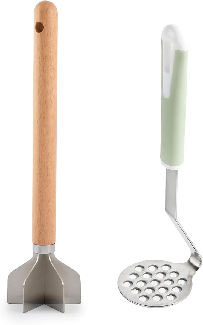 Stainless Steel Meat Chopper Masher with Potato Masher, 6 Blade Ground Beef Chopper Hamburger Smasher Tool with Wooden Handle, Kitchen Tool for Vegetables, Fruits, Beans, Meat