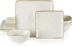 famiware 3 Pcs Rectangular Serving Platter and Dinnerware Set for 4 (12Pcs), Vanilla White