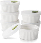 DOWAN Ramekins with lids 4 oz, Creme Brulee Ramiken Oven Safe, Ceramic Baking Bowls Souffle Dishes, Custard Cups Charcuterie Boards Bowls Dipping Sauces, Set of 6, White