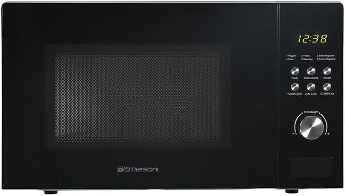 Emerson MW1101B Countertop Microwave Oven with Button Control, LED Display 1000W, 10 Power Levels, 6 Auto Menus, Glass Turntable and Child Safe Lock, 1.1 Cu. Ft., Black