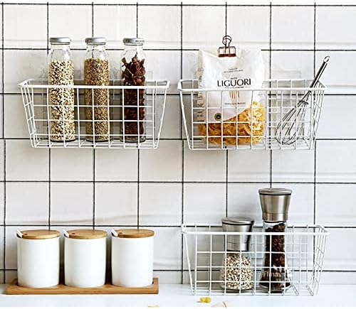 Hanging Kitchen Baskets Adhesive Sturdy Wire Storage Baskets with Kitchen Food Pantry Bathroom Shelf Storage No Drilling Wall Mounted,White,2 Pack