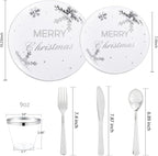 KIRE 25 Guest Christmas Plates - White Plastic with Silver Snowflake Design, Disposable Silverware & Clear Cups for Christmas Party Supplies