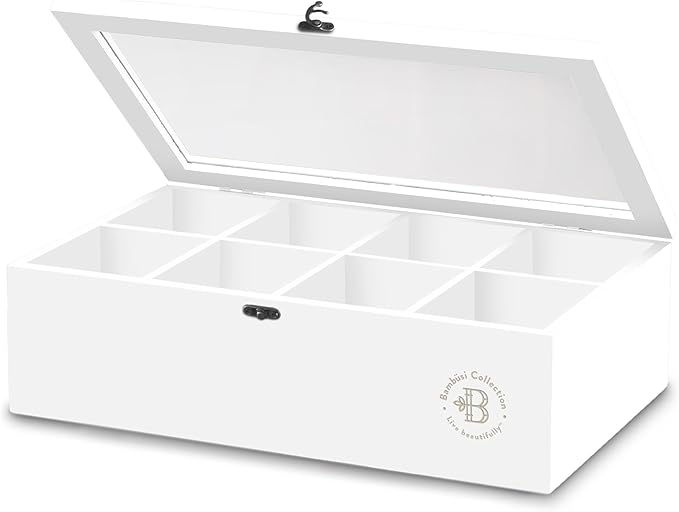 Tea Bag Organizer - White Bamboo Tea Box Organizer Storage Box, Tea Bag Holder with Acrylic Window, Magnetic Lid Keeps Tea Bags Fresh - Tea Organizer Caddy (Tea Not Included) Christmas Gift