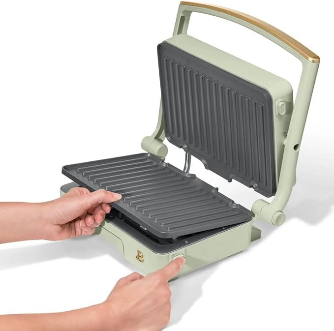 Panini Press Indoor Grill 1 2-in-1200W Non-Stick Removable Plates Sandwich Maker by Drew Barrymoree. (Sage Green)