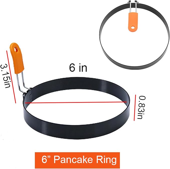 4 Packs 6 Inch Pancake Ring for Griddle, 6"Omelette Ring for Griddle, Non-stick Stainless Steel Pancake Egg Ring Omelet Mold Pancake Mold Cake Mold Crumpet Circle Silicone Handle Spatula & Oil Brush